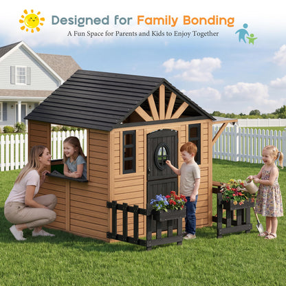 Wooden Outdoor Playhouse for Kids with Kitchen-Brown-81.9" L x 83.9" W x 64.8" H