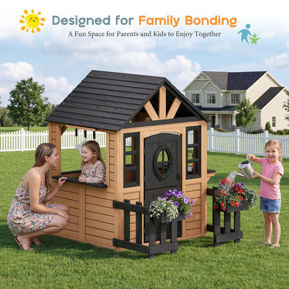 Wooden Outdoor Playhouse for Kids with Kitchen-Brown-51.4" L x 60.2" W x 60.2" H