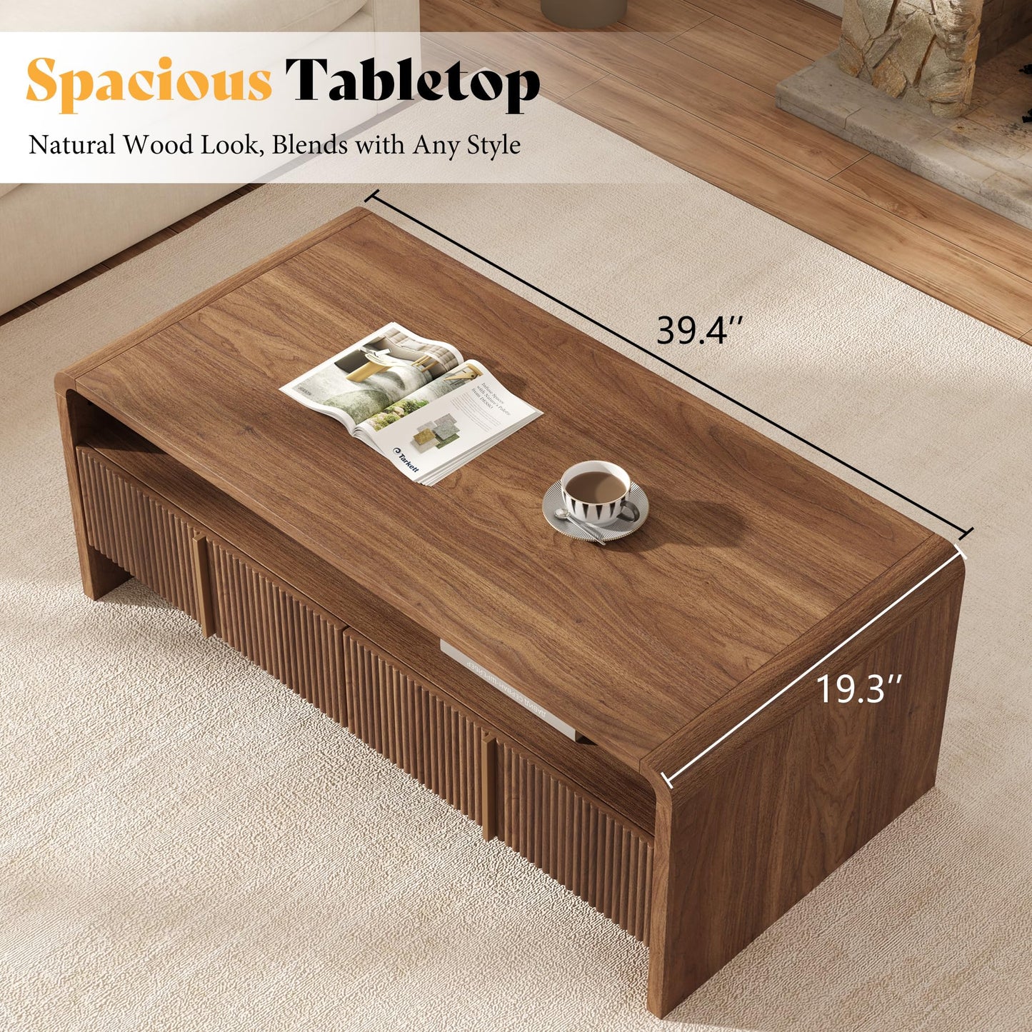 Modern Wood Grain Coffee Table with Drawers-Brown-Fluted