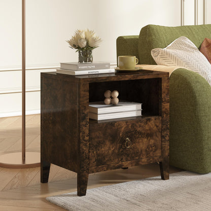 Burl Set of 2 Mid Century Modern Wood Nightstand with Drawer-Brown