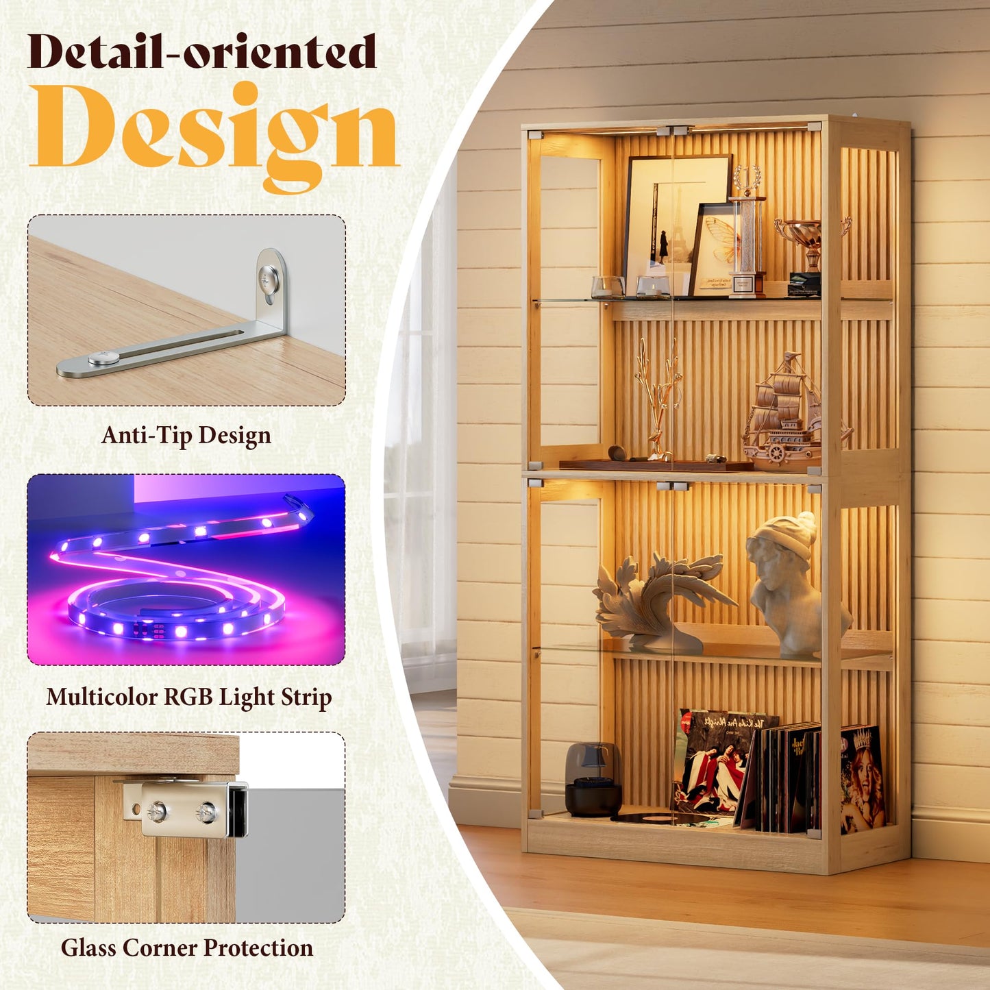 RGB Display Cabinet with Adjustable Glass Shelves Amerlife Wood / 32x16x70in