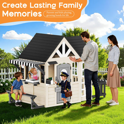 Wooden Outdoor Playhouse for Kids with Kitchen-Beige-98.8" L x 51.6" W x 64.6" H