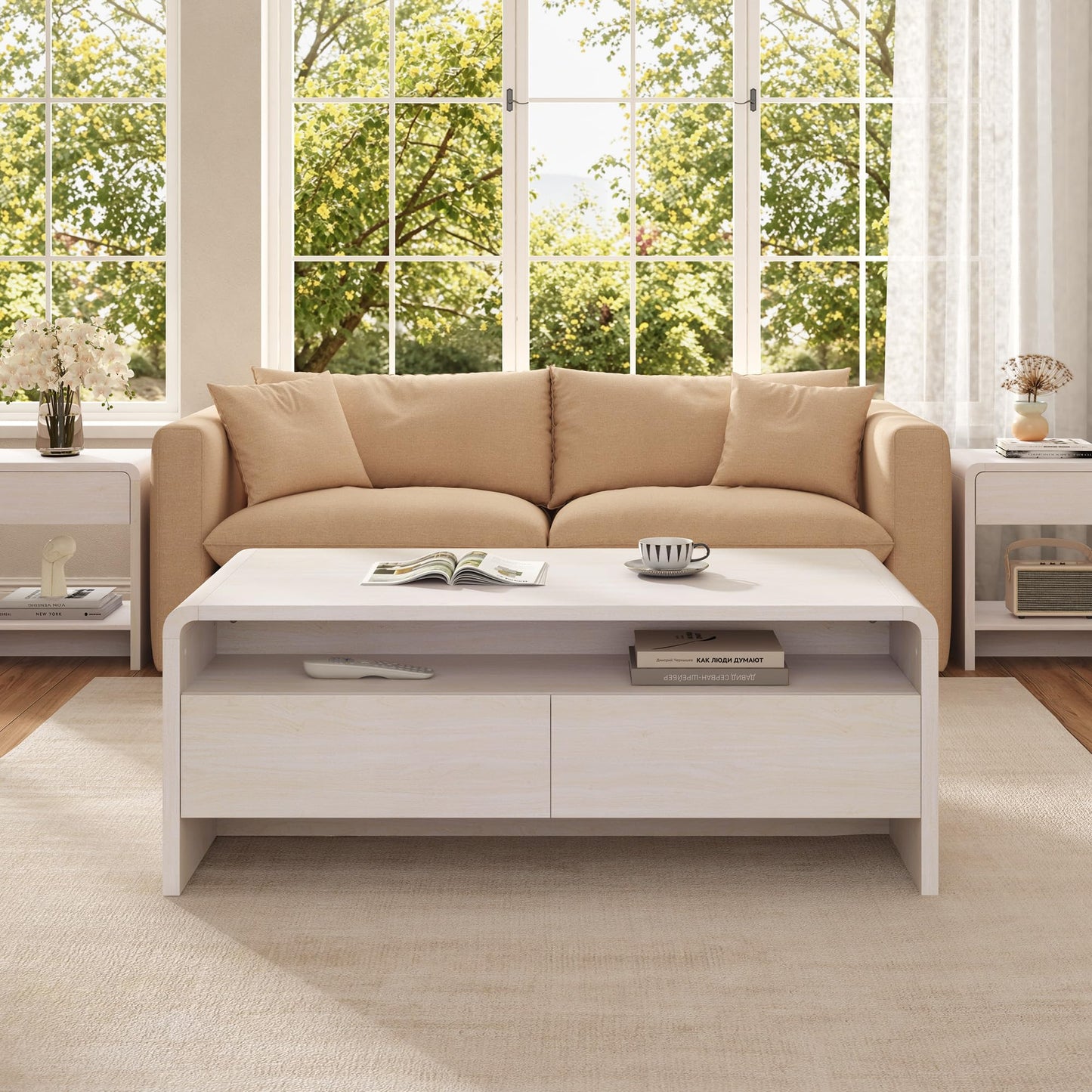 Modern Wood Grain Coffee Table with Drawers-White-Flat