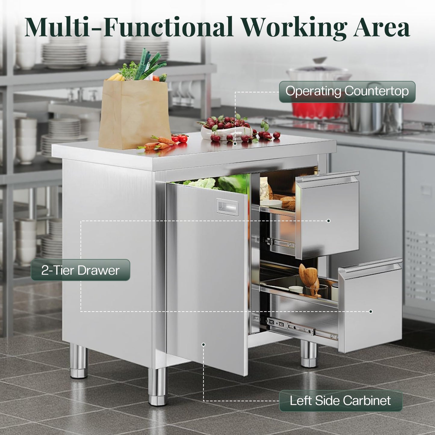 Stainless Steel Work Table with Cabinet & Drawers-24" x 36" x 34" - Work Table with Cabinet & Drawer