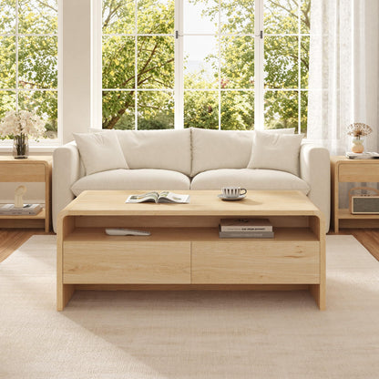 Modern Wood Grain Coffee Table with Drawers-Natural Oak-Flat