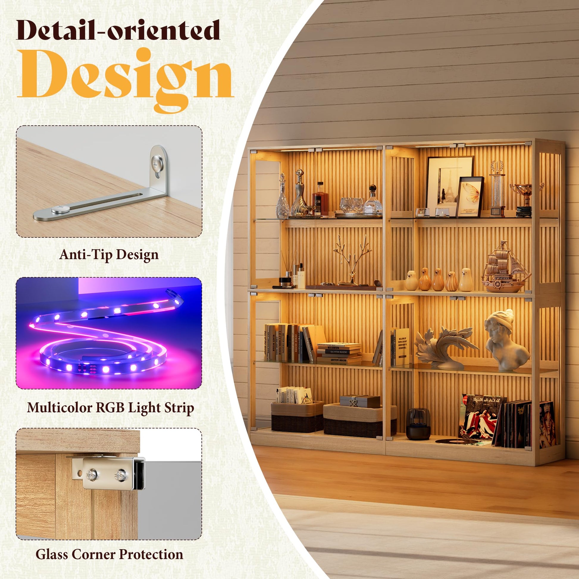 RGB Display Cabinet with Adjustable Glass Shelves Amerlife Wood / 75x16x70in