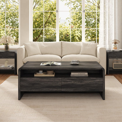 Modern Wood Grain Coffee Table with Drawers-Black-Flat