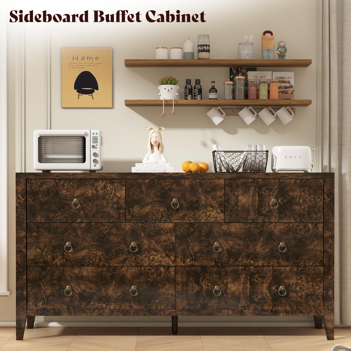 Burl Mid Century 7-Drawer Wood Dresser-Brown