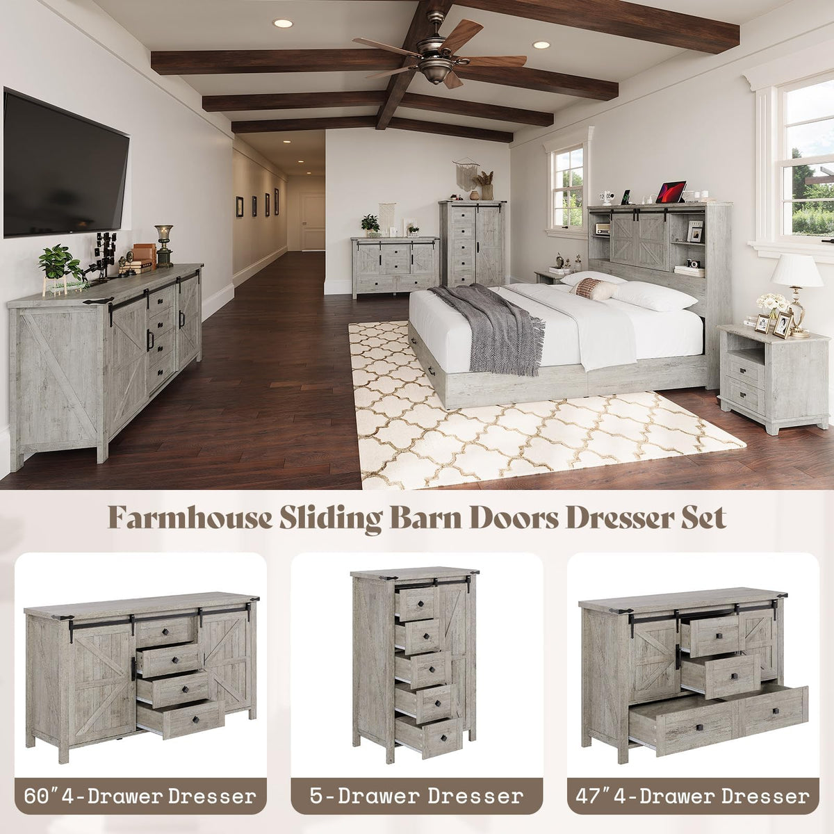 Marlowe Farmhouse Dresser with Drawers-15.8"D x 47"W x 31"H (4 Drawers)-Light Rustic Oak