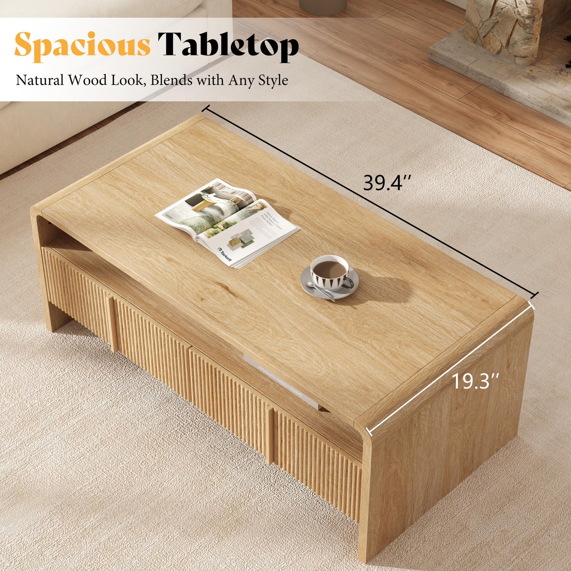 Modern Wood Grain Coffee Table with Drawers-Natural Oak-Fluted
