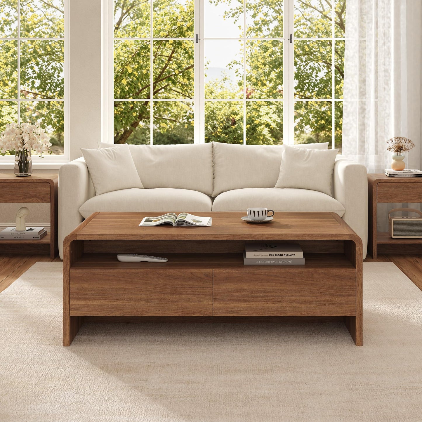 Modern Wood Grain Coffee Table with Drawers-Brown-Flat