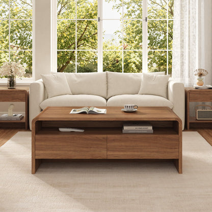 Modern Wood Grain Coffee Table with Drawers-Brown-Flat