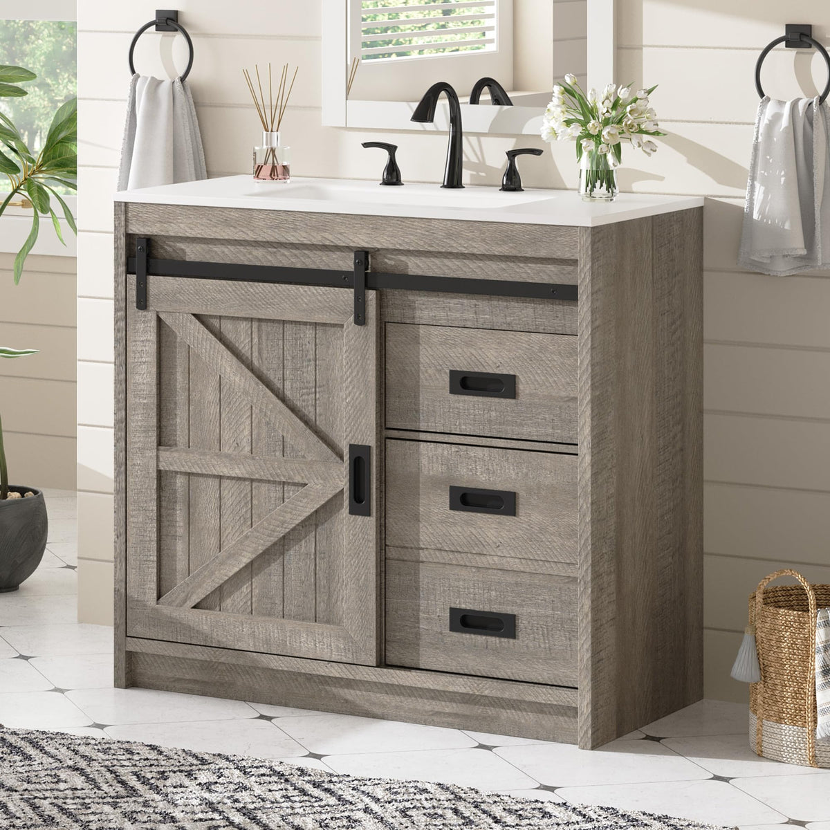 Bourbon Sliding Barn Vanity 36 inch Light Grey