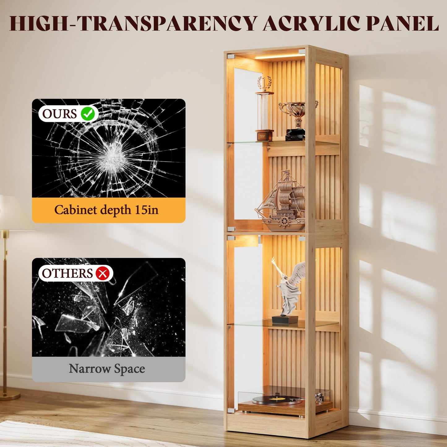 RGB Display Cabinet with Adjustable Glass Shelves Amerlife Wood / 16x16x70in