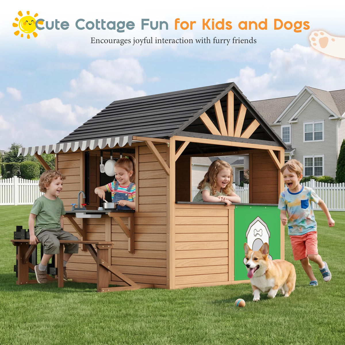 Wooden Outdoor Playhouse for Kids with Kitchen-Brown-81.9" L x 83.9" W x 64.8" H