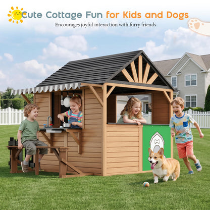 Wooden Outdoor Playhouse for Kids with Kitchen-Brown-81.9" L x 83.9" W x 64.8" H