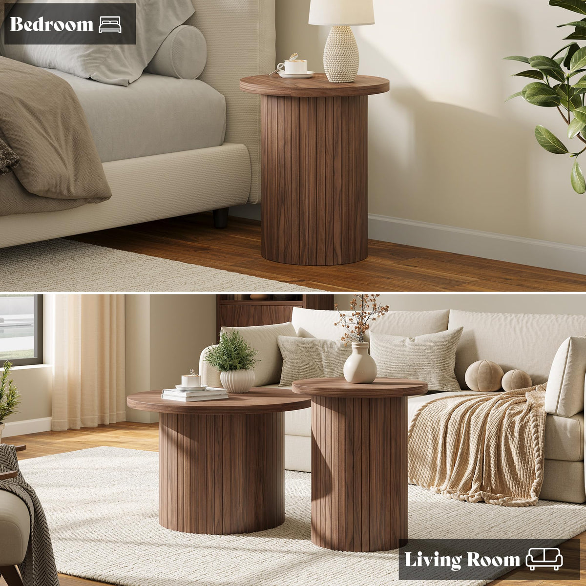 Briar Round Nesting Coffee Table Set with Full Fluted Design-Walnut