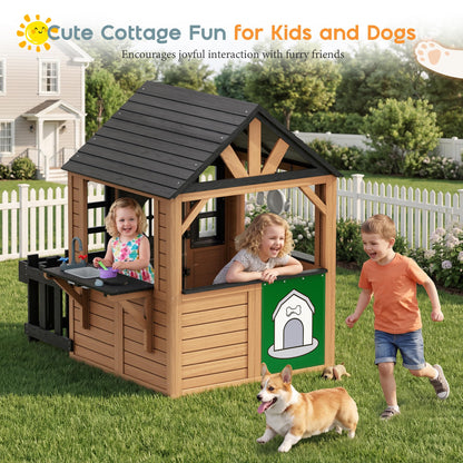 Wooden Outdoor Playhouse for Kids with Kitchen-Brown-51.4" L x 60.2" W x 60.2" H