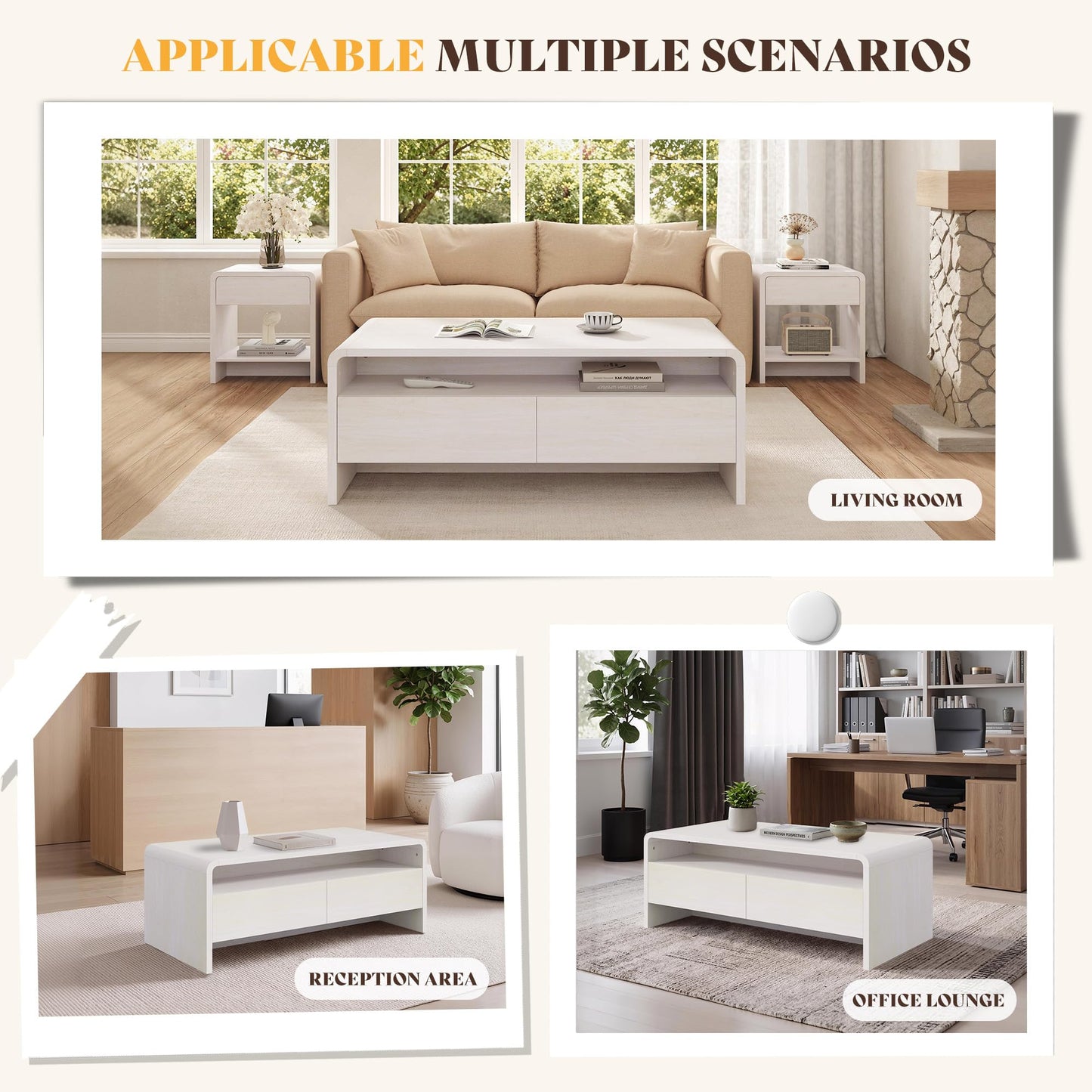 Modern Wood Grain Coffee Table with Drawers-White-Flat
