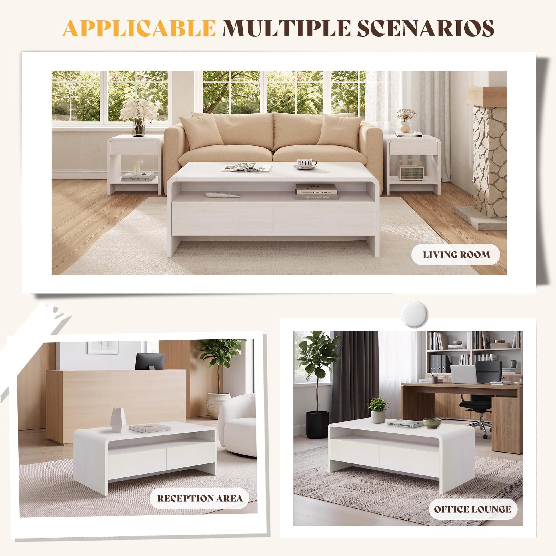 Modern Wood Grain Coffee Table with Drawers-White-Flat
