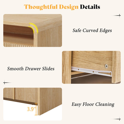 Modern Wood Grain Coffee Table with Drawers-Natural Oak-Fluted