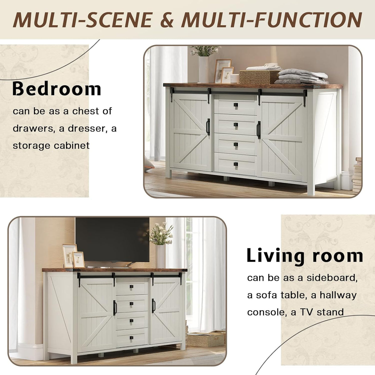 Marlowe Farmhouse Dresser with Drawers-15.8"D x 60"W x 31"H (4 Drawers)-Distressed White