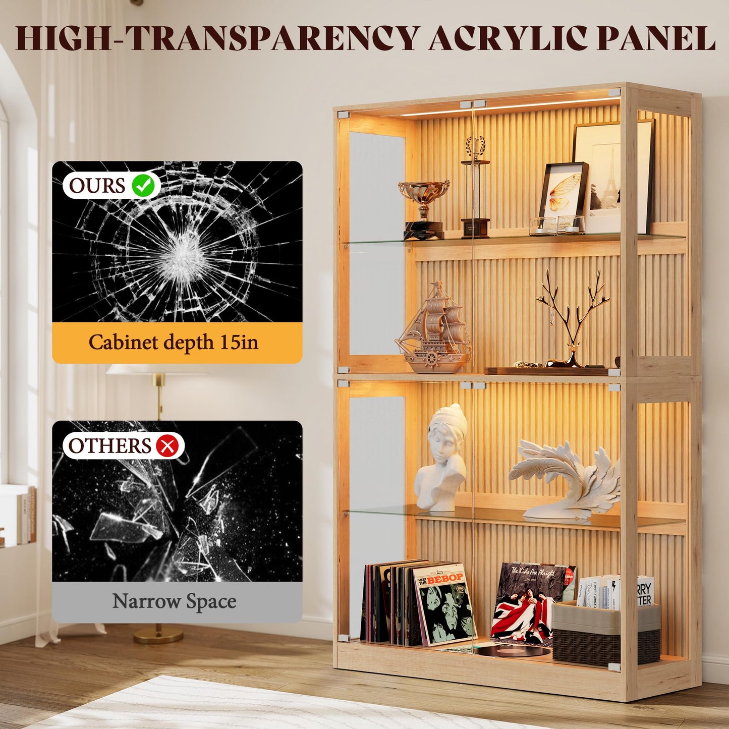 RGB Display Cabinet with Adjustable Glass Shelves Amerlife Wood / 45x16x70in