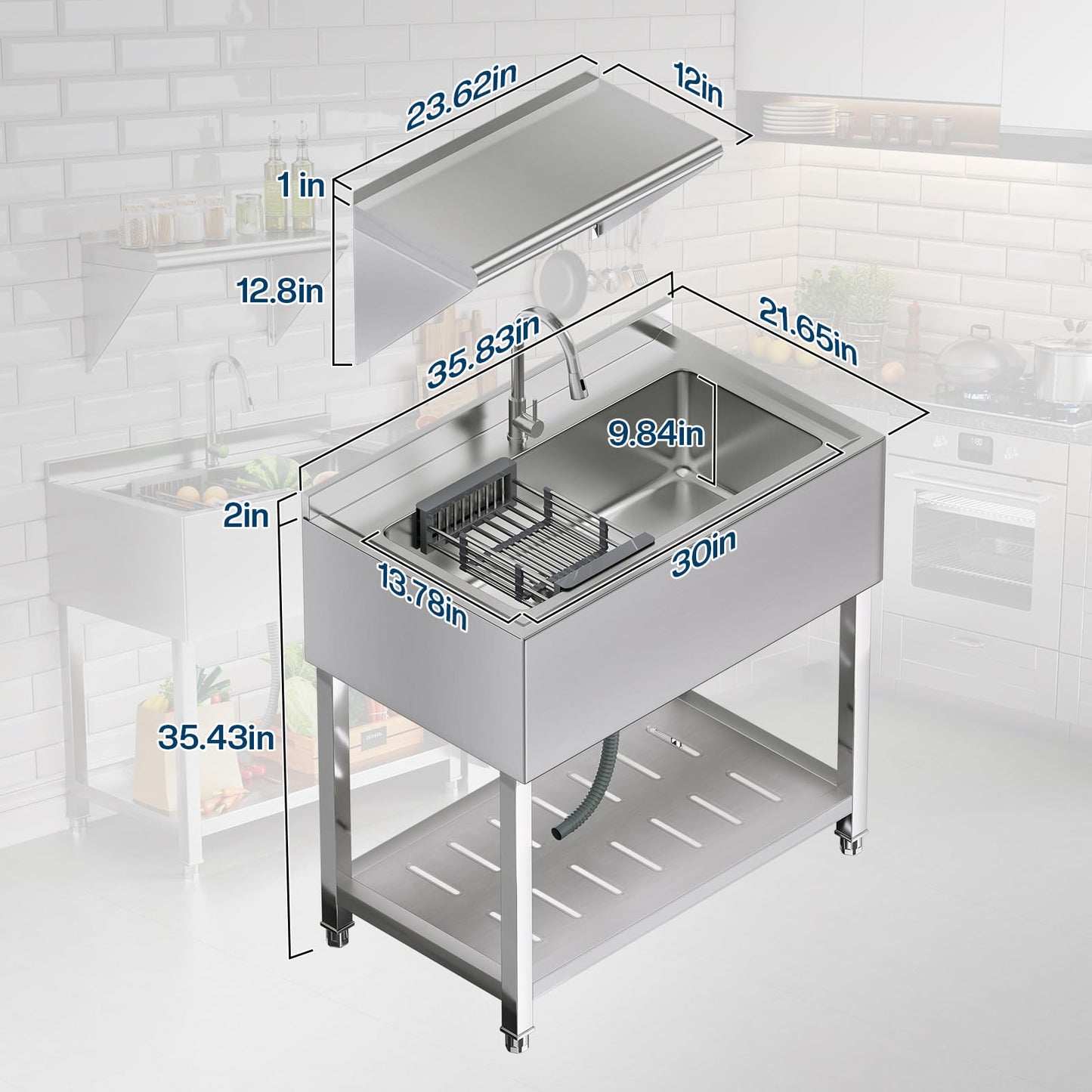 Plinth Stainless Steel Utility Sink with Faucet & Storage-Single Bowl with Wall Rack