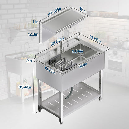 Plinth Stainless Steel Utility Sink with Faucet & Storage-Single Bowl with Wall Rack