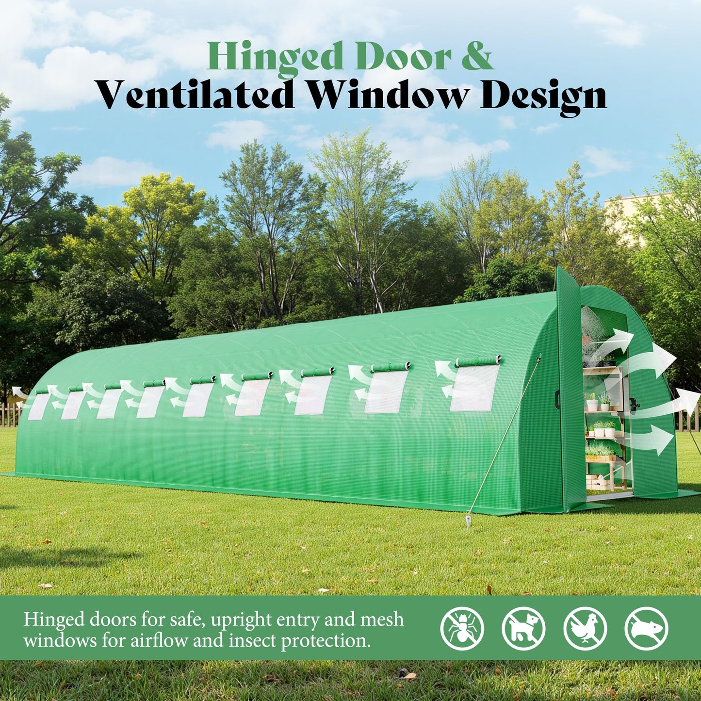 Pro Walk-In Greenhouse with Sprinkler System-30x10 FT(Frame NOT Included)-Green