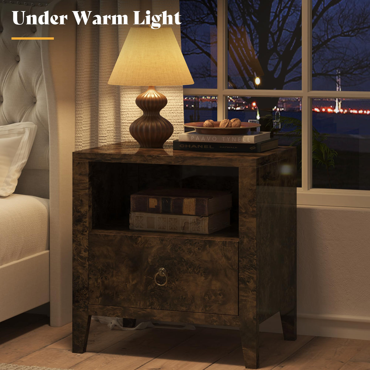 Burl Set of 2 Mid Century Modern Wood Nightstand with Drawer-Brown