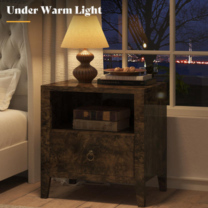 Burl Set of 2 Mid Century Modern Wood Nightstand with Drawer-Brown