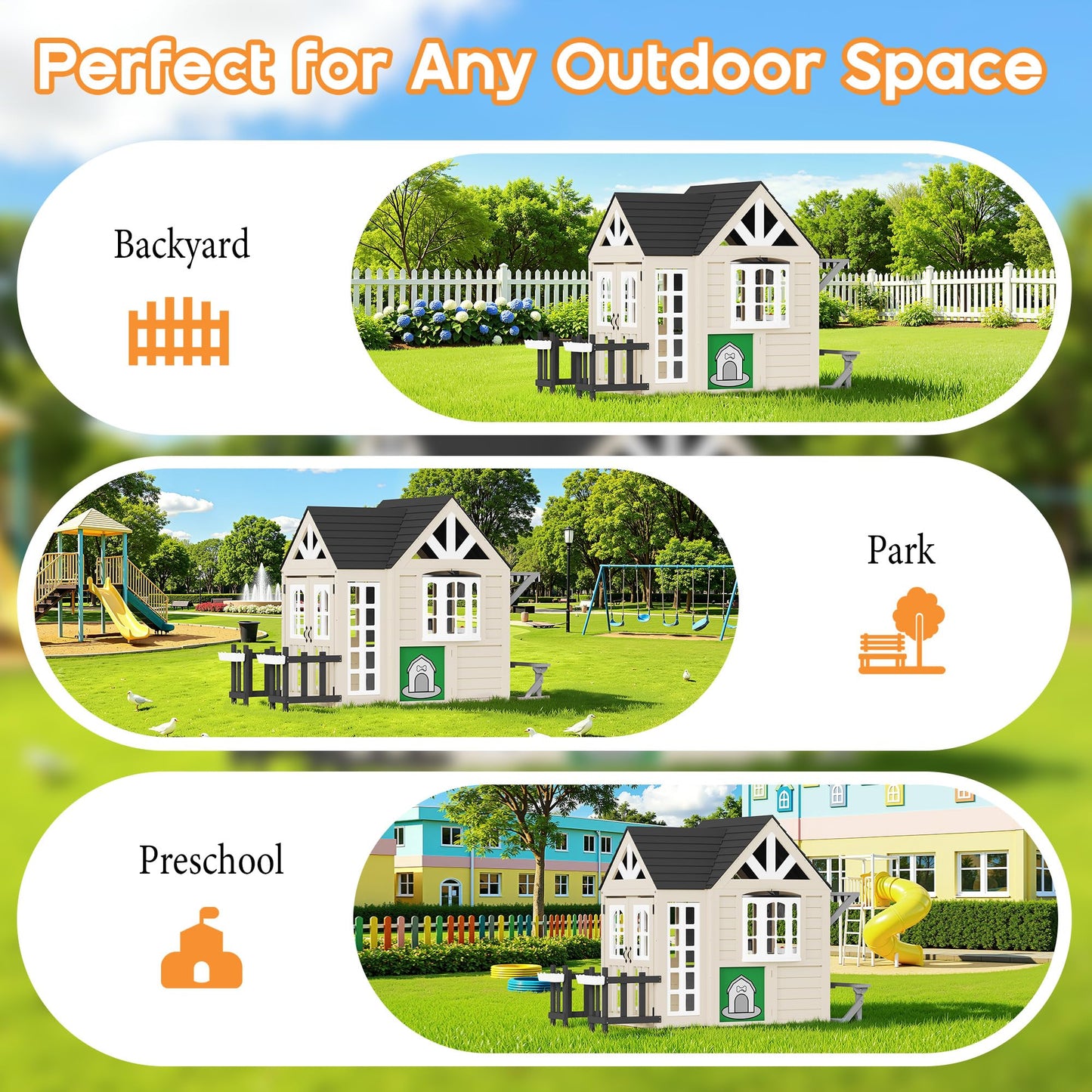 Wooden Outdoor Playhouse for Kids with Kitchen-Beige-98.8" L x 51.6" W x 64.6" H