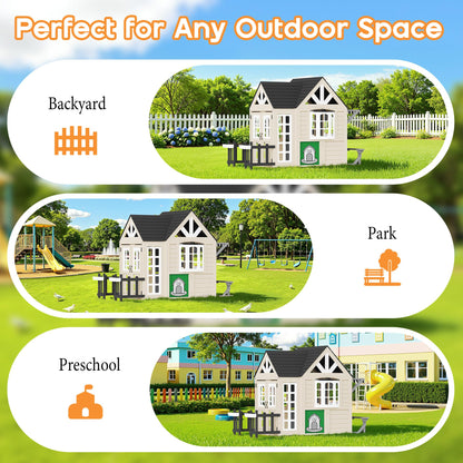 Wooden Outdoor Playhouse for Kids with Kitchen-Beige-98.8" L x 51.6" W x 64.6" H