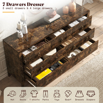 Burl Mid Century 7-Drawer Wood Dresser-Brown