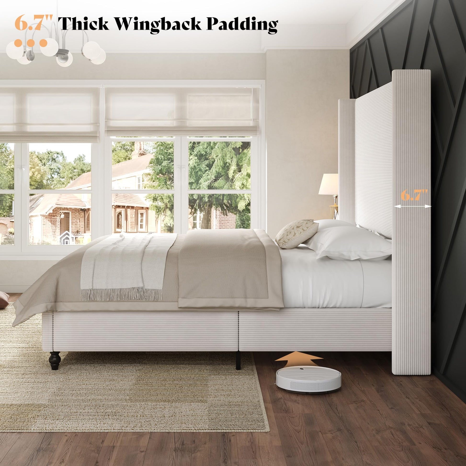 Cordelle Corduroy Wingback Bed Frame-King-Cream