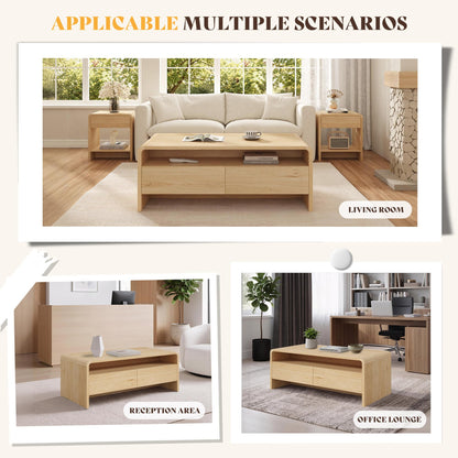Modern Wood Grain Coffee Table with Drawers-Natural Oak-Flat