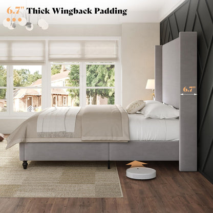 Cordelle Corduroy Wingback Bed Frame-King-Light Grey