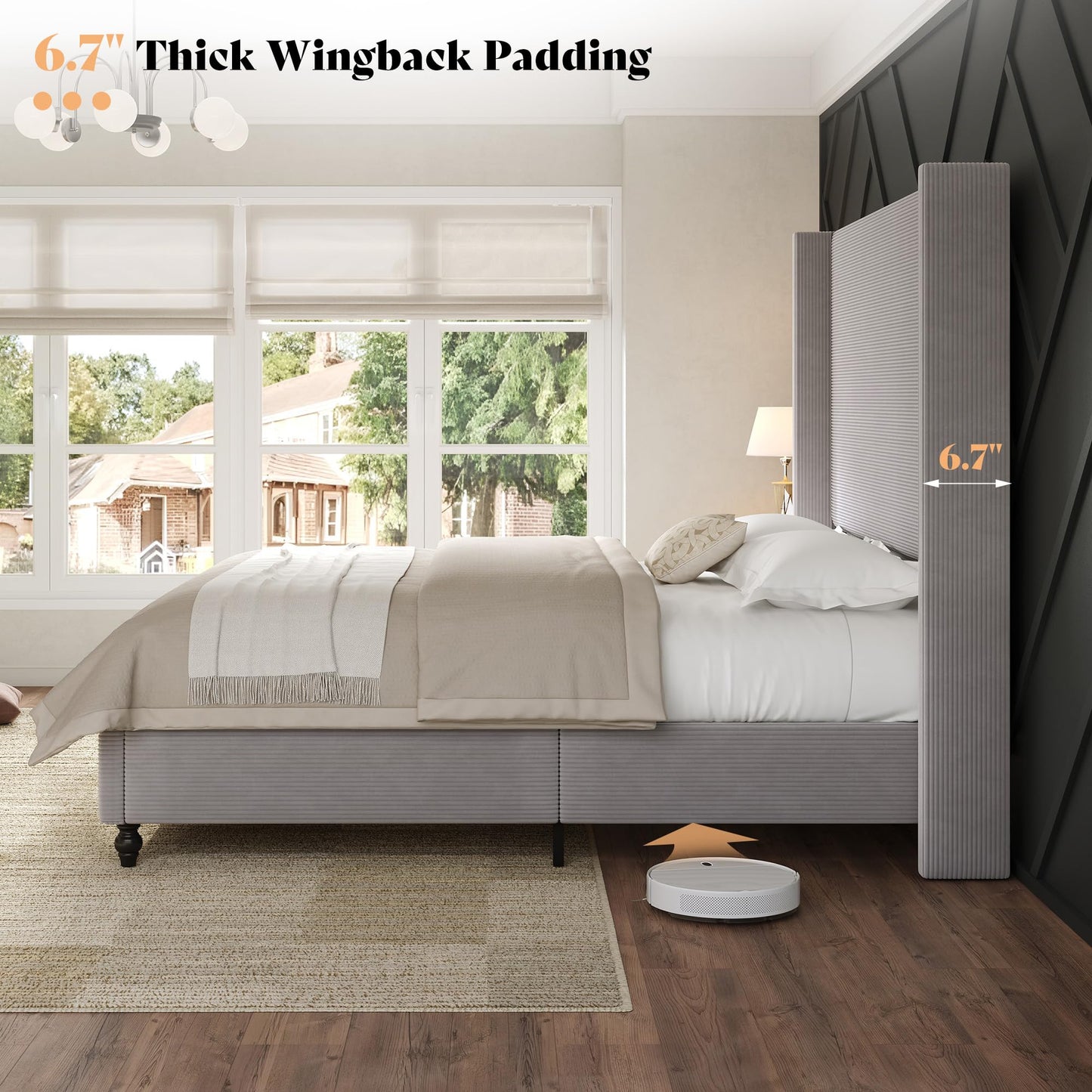 Cordelle Corduroy Wingback Bed Frame-California King-Light Grey