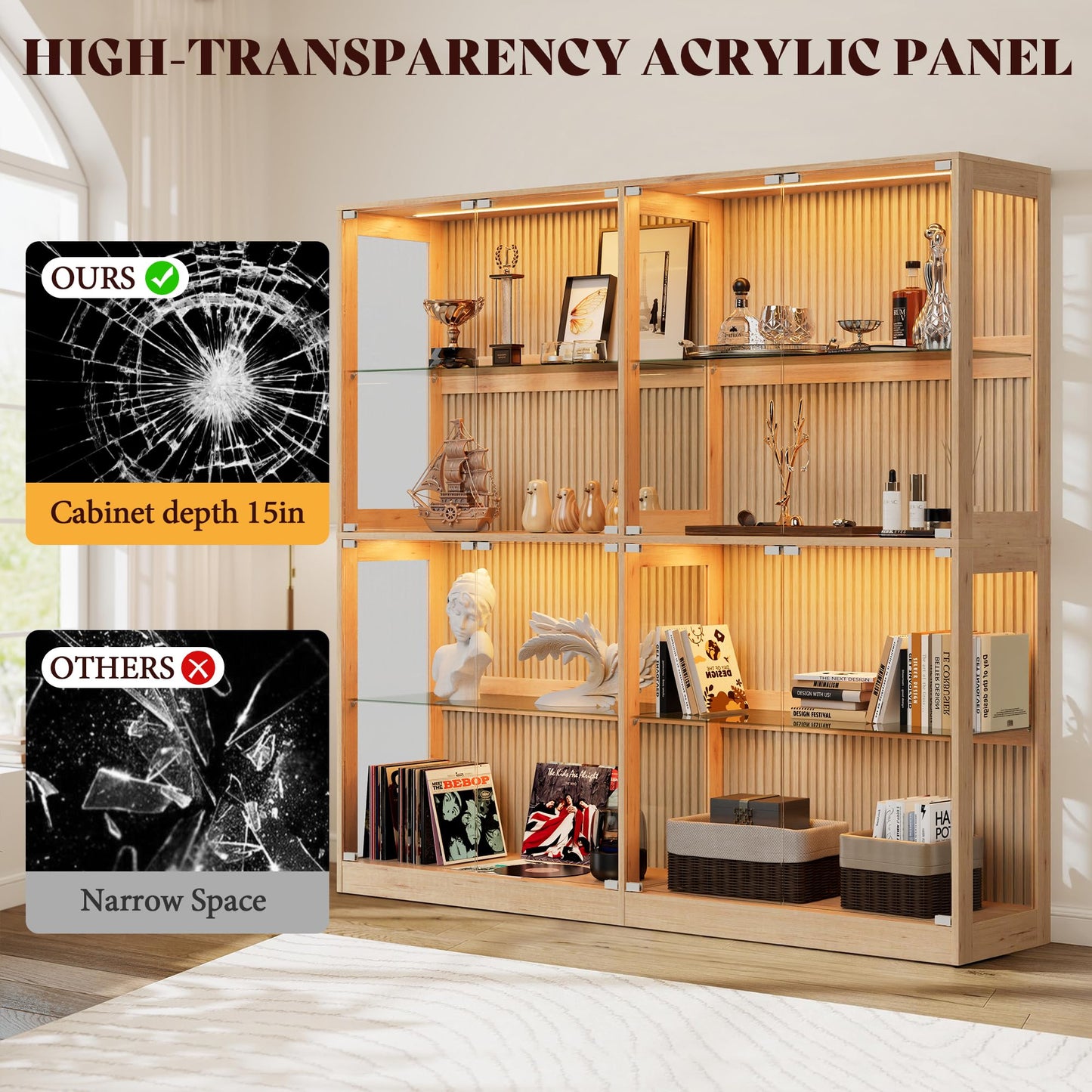 RGB Display Cabinet with Adjustable Glass Shelves Amerlife Wood / 75x16x70in