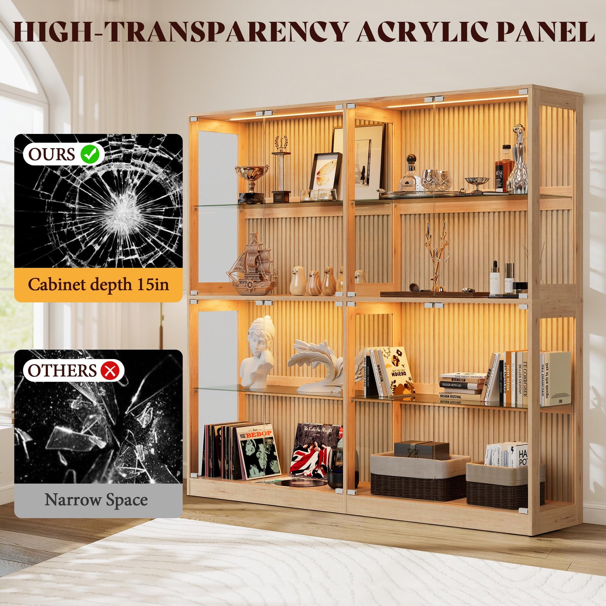 RGB Display Cabinet with Adjustable Glass Shelves Amerlife Wood / 75x16x70in