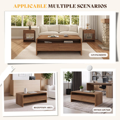 Modern Wood Grain Coffee Table with Drawers-Brown-Flat