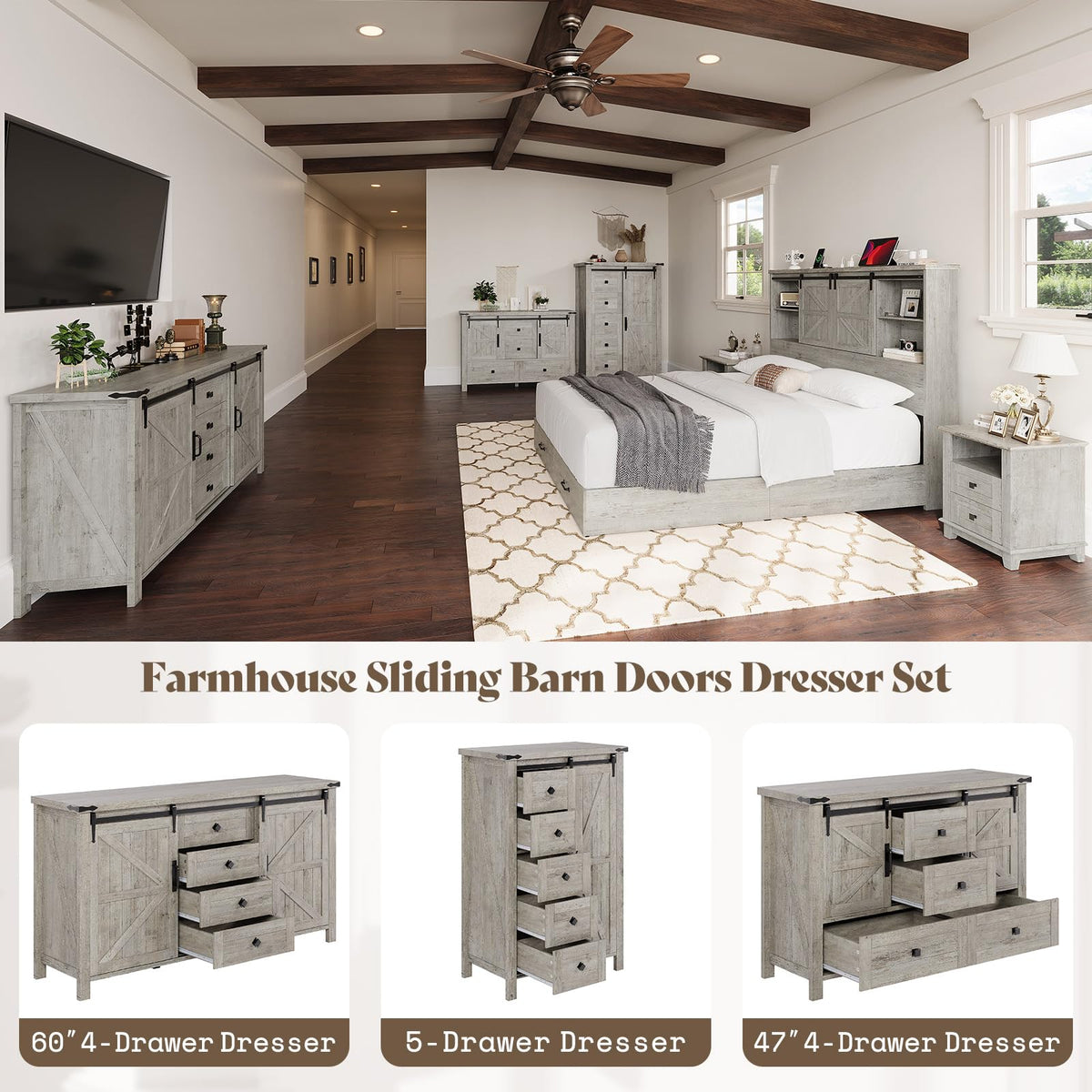 Marlowe Farmhouse Dresser with Drawers-15.8"D x 31.5"W x 48"H (5 Drawers)-Light Rustic Oak