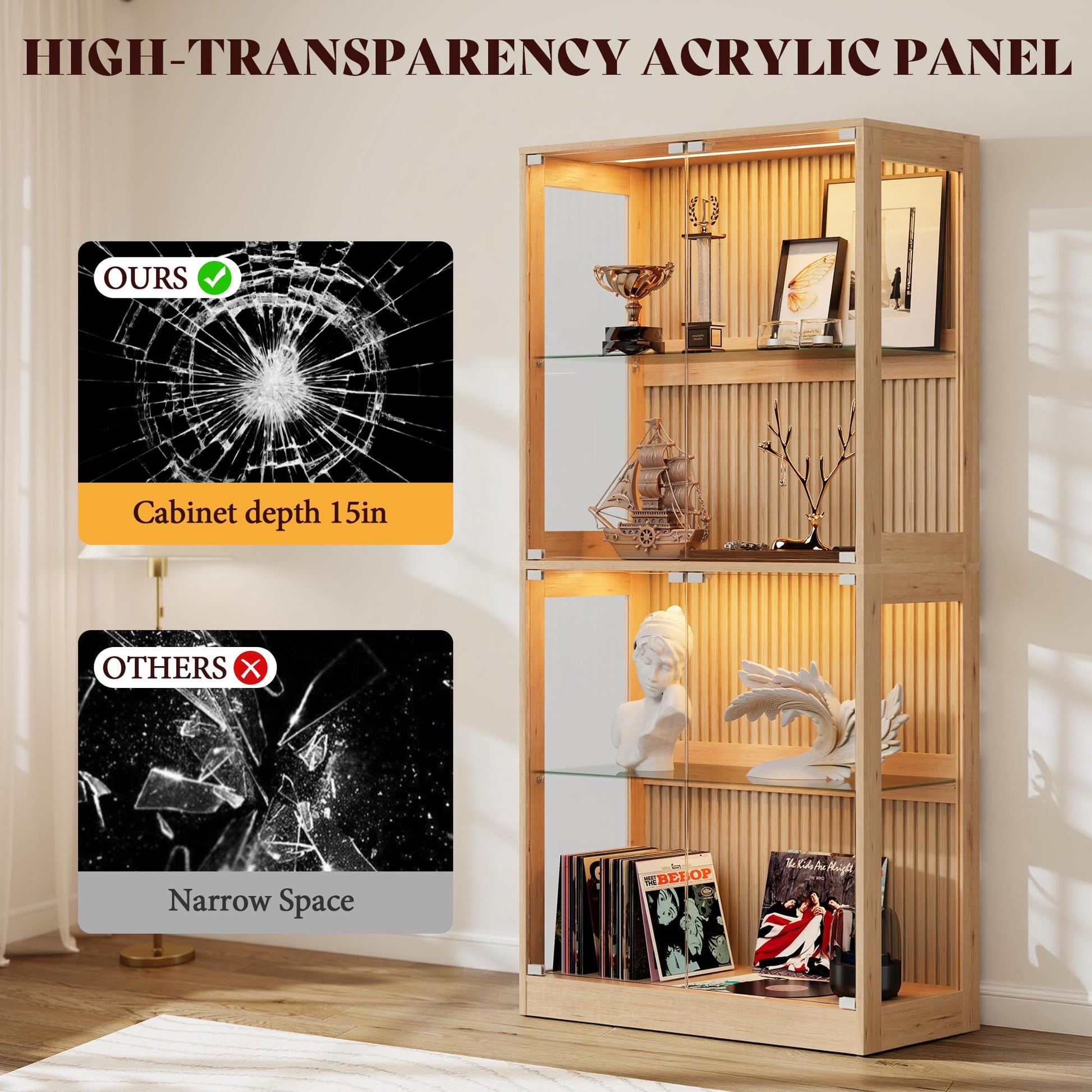 RGB Display Cabinet with Adjustable Glass Shelves Amerlife Wood / 32x16x70in