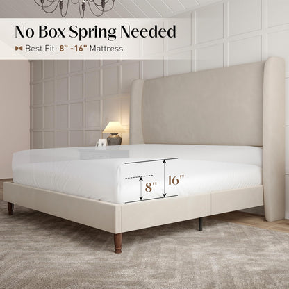 Tall Upholstered Bed Frame with Wingback Headboard-Full-Off-white