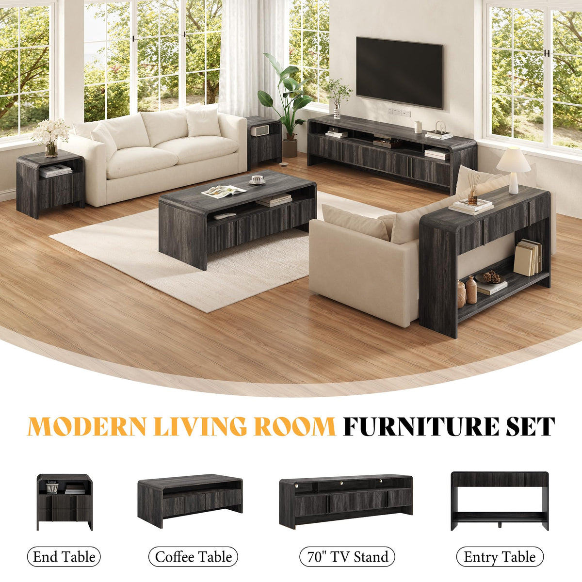 Onyx Modern Wood Grain Coffee Table with Drawers-Black-Fluted