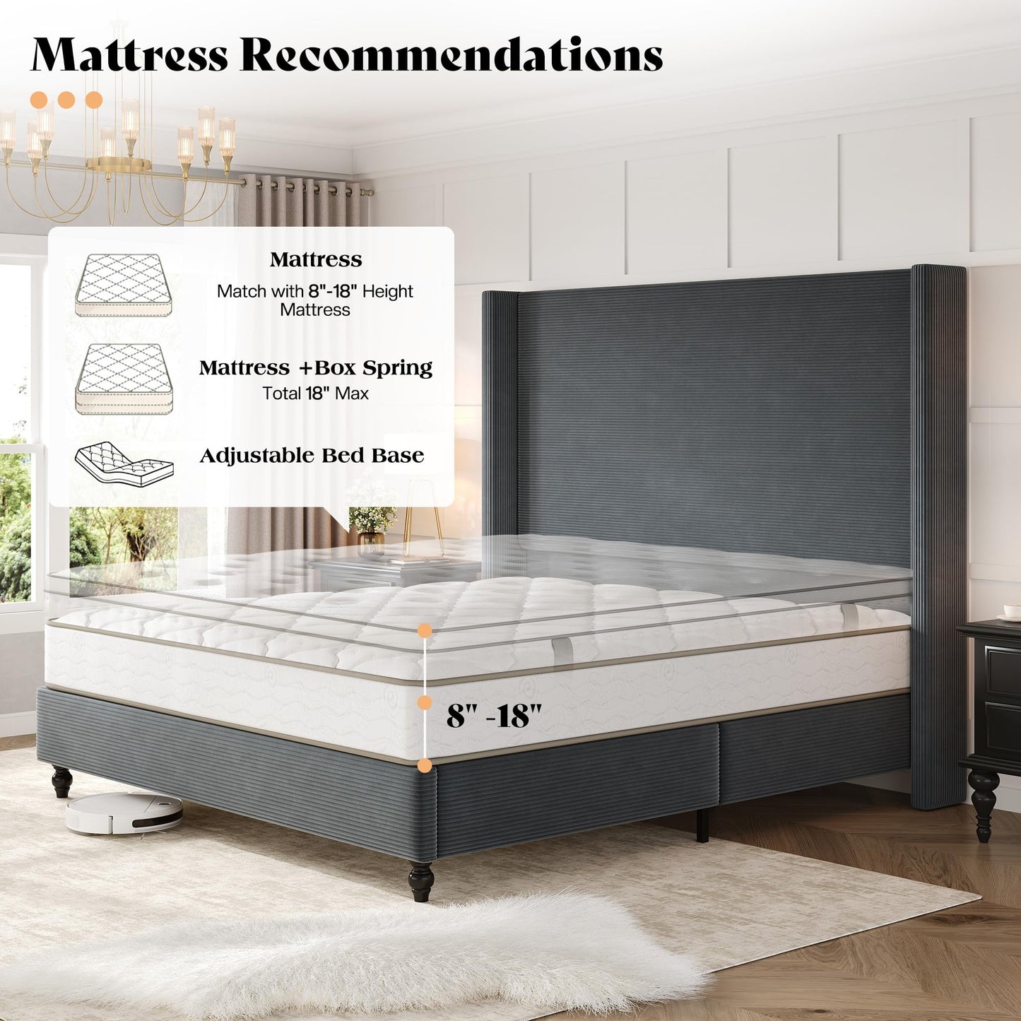 Cordelle Corduroy Wingback Bed Frame-California King-Dark Grey