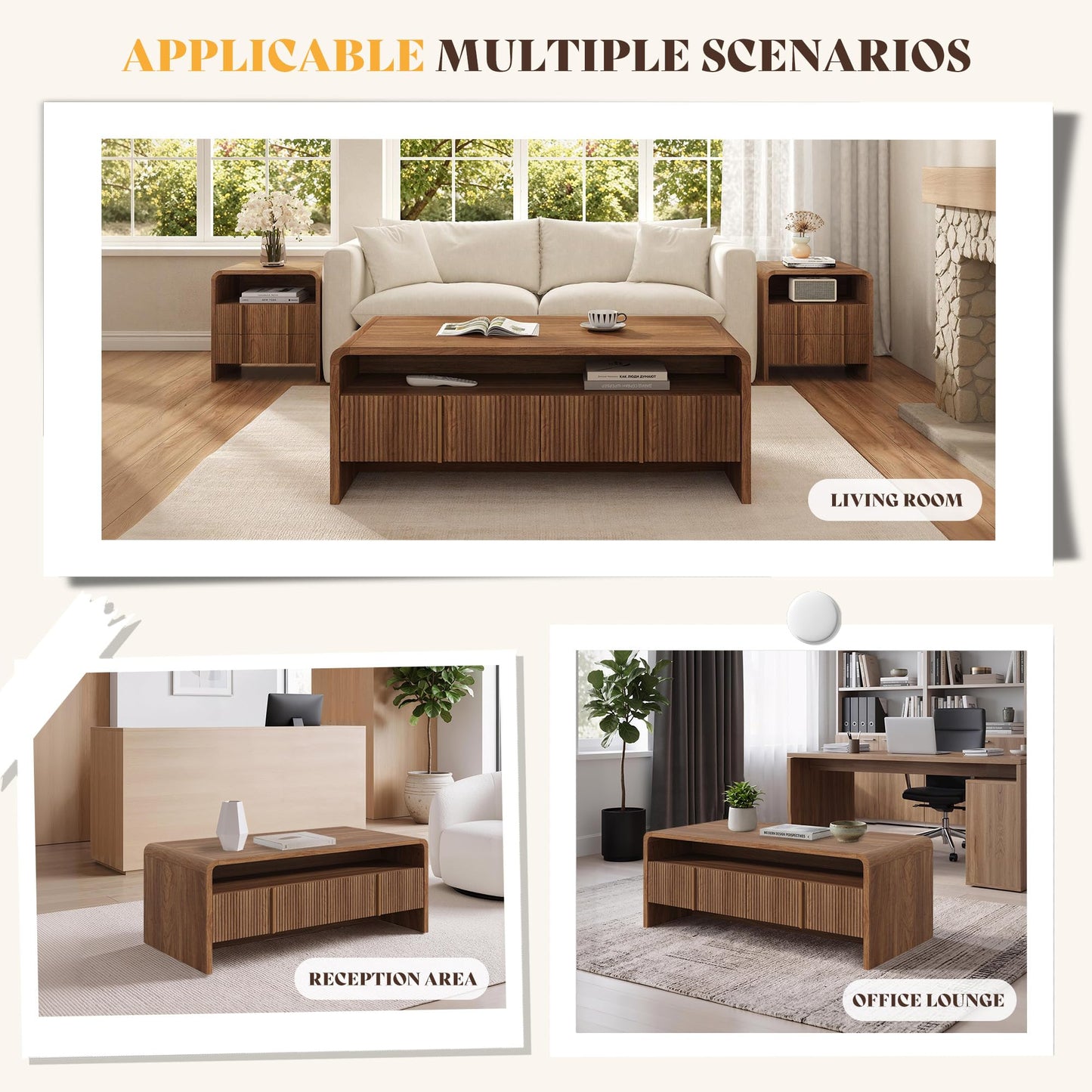 Modern Wood Grain Coffee Table with Drawers-Brown-Fluted