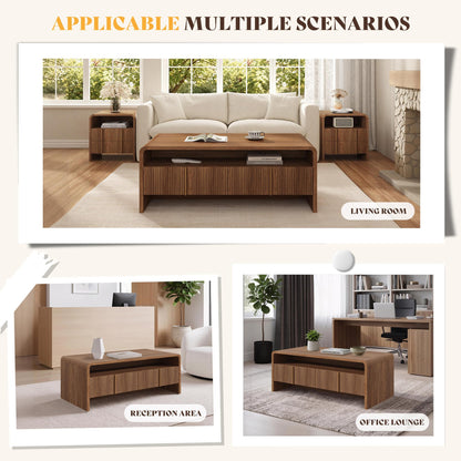 Modern Wood Grain Coffee Table with Drawers-Brown-Fluted