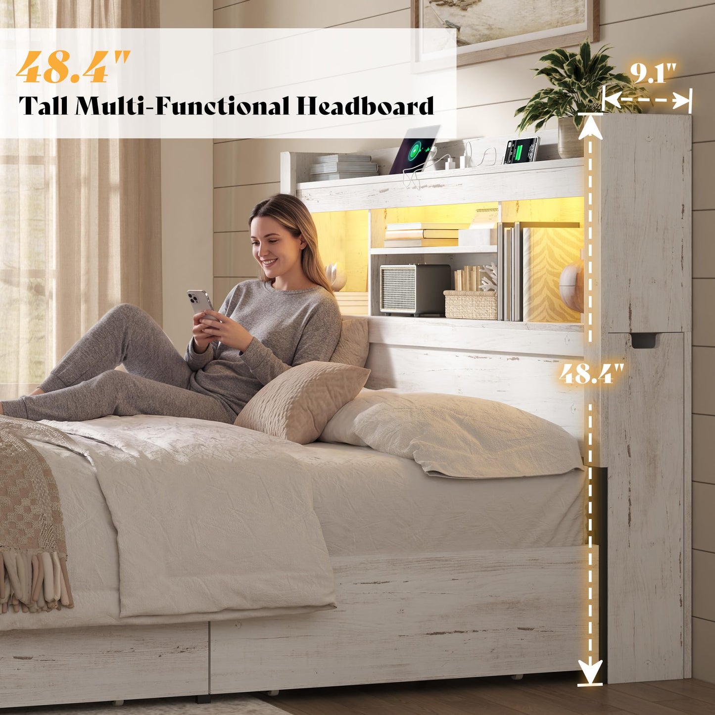 Farmhouse King Headboard with Storage & LED Lighting-Distressed White-King